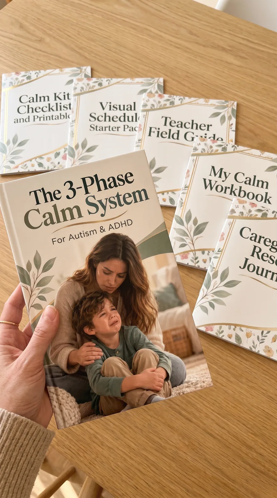 The 3-Phase Calm System — six volumes and five bonuses shown as books and on a tablet